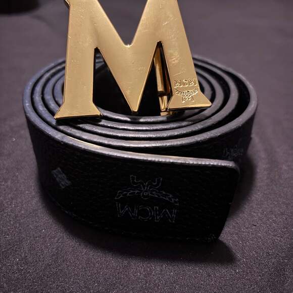 MCM Claus Monogram Reversible Belt with Gold M Buckle